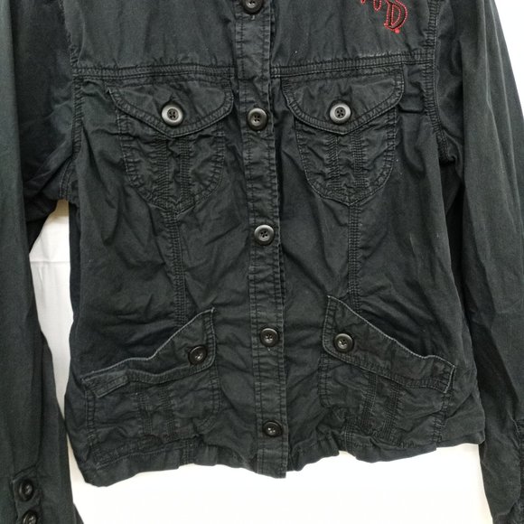 Harley Davidson Black Button Down Shirt Rhinestones Embroidered Red Rose - Picture 4 of 13